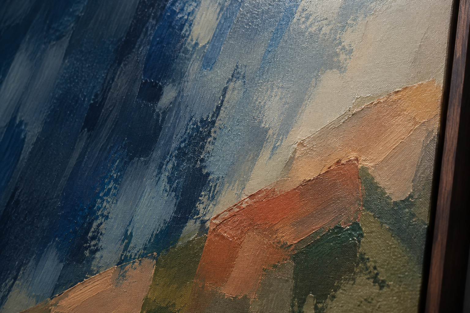 Close-up of layered brushwork and canvas texture