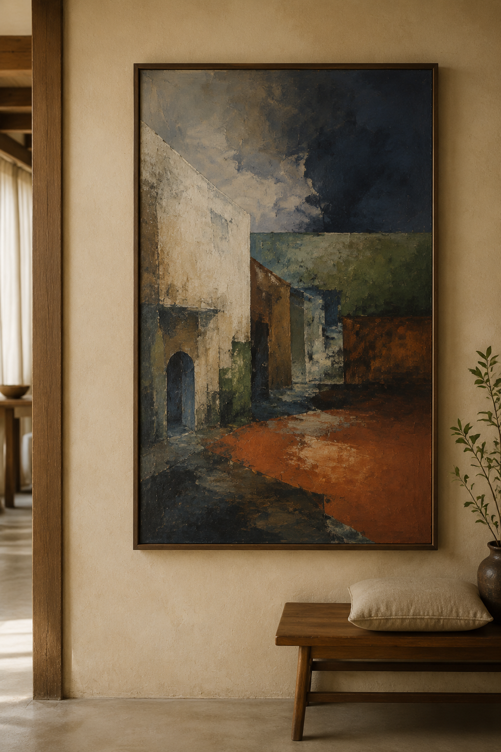 Monsoon Courtyard, a framed abstract painting in a warm interior