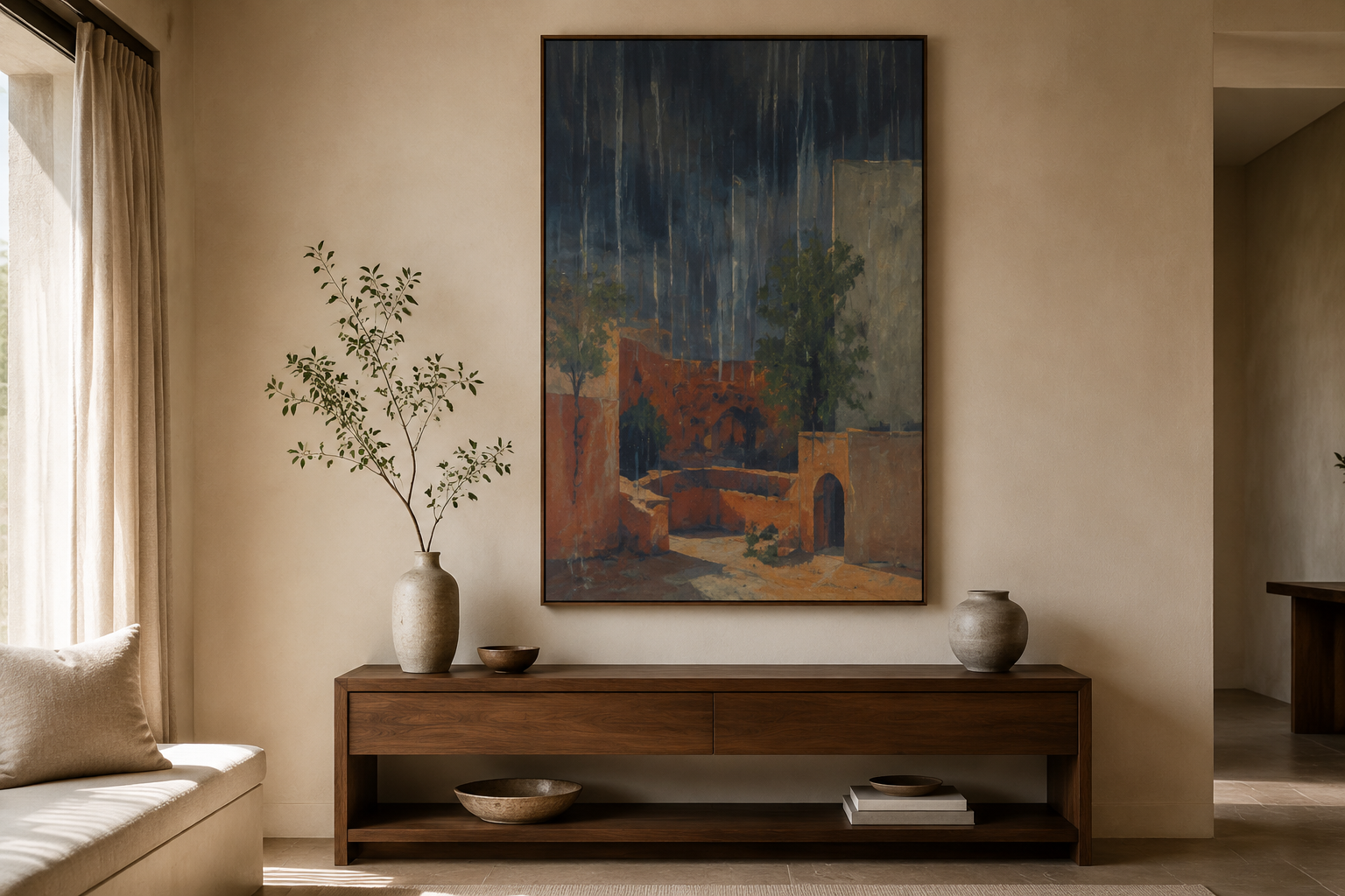 Framed artwork displayed above a console for scale